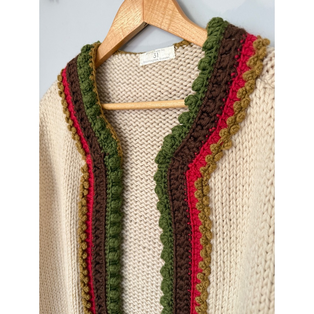 Vintage Cream Hand Knit Heavy Poncho Afghan Blanket Cape Cardigan Folk Art Trim